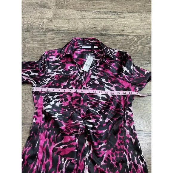 NWT Women New York & Company Stretch Button Up Tie Waist Satin Cheetah Pink Sz M - Picture 6 of 10